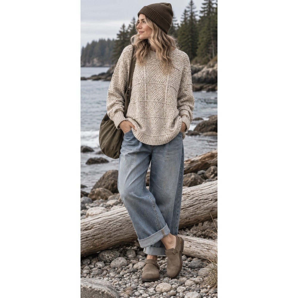 Lands End Windowpane Cable Knit Sweater Size S 6-8 NW Coastal Minimalist